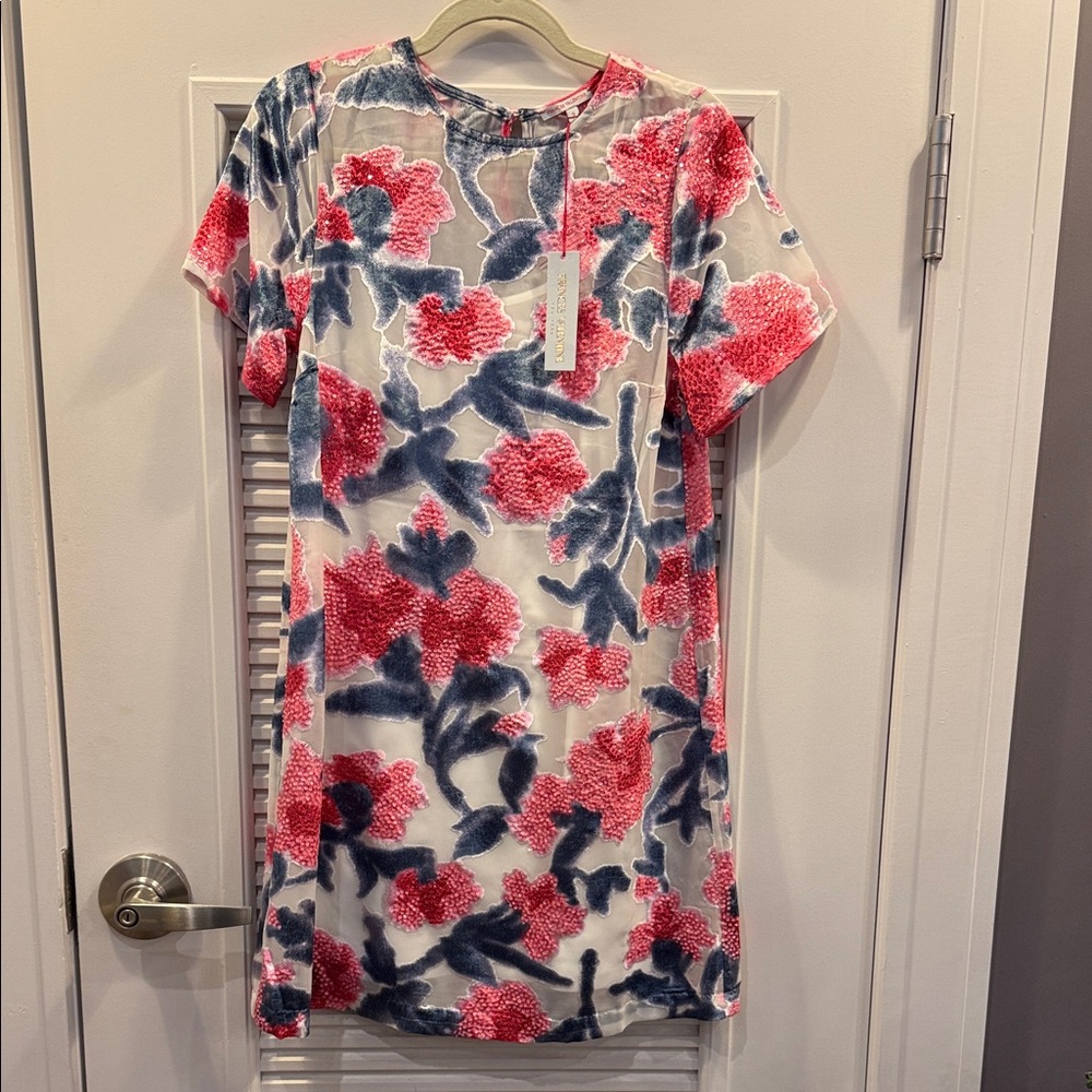 Frances Valentine Coral & Navy Floral Mini Shift Dress